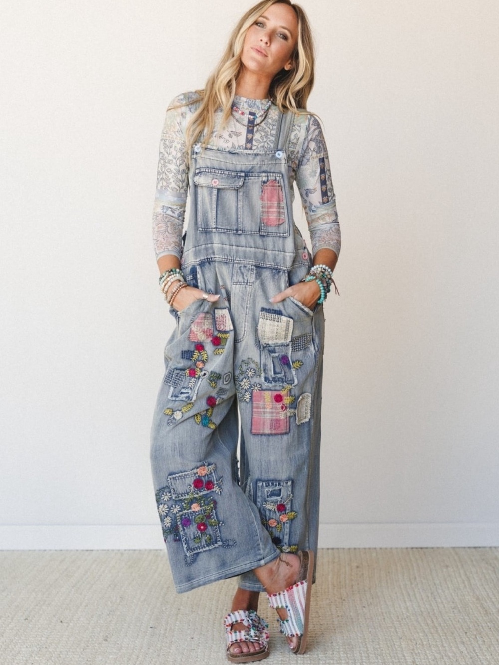 Blue Velvet | Light Blue Embroidered Denim One-Piece Overalls Sz M